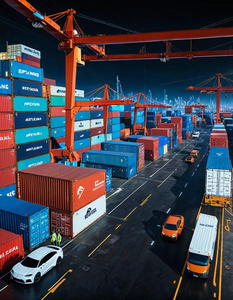 A futuristic shipping yard bustling with drones and automated vehicles, showcasing innovative shipping containers with digital displays. In the foreground, a diverse group of professionals is discussing strategies while examining the latest technology in freight forwarding. The skyline features a blend of modern architecture and eco-friendly structures, emphasizing sustainability. Bright, engaging colors and a sense of movement capture the dynamism of the shipping industry. vibrant colors. cyberpunk.