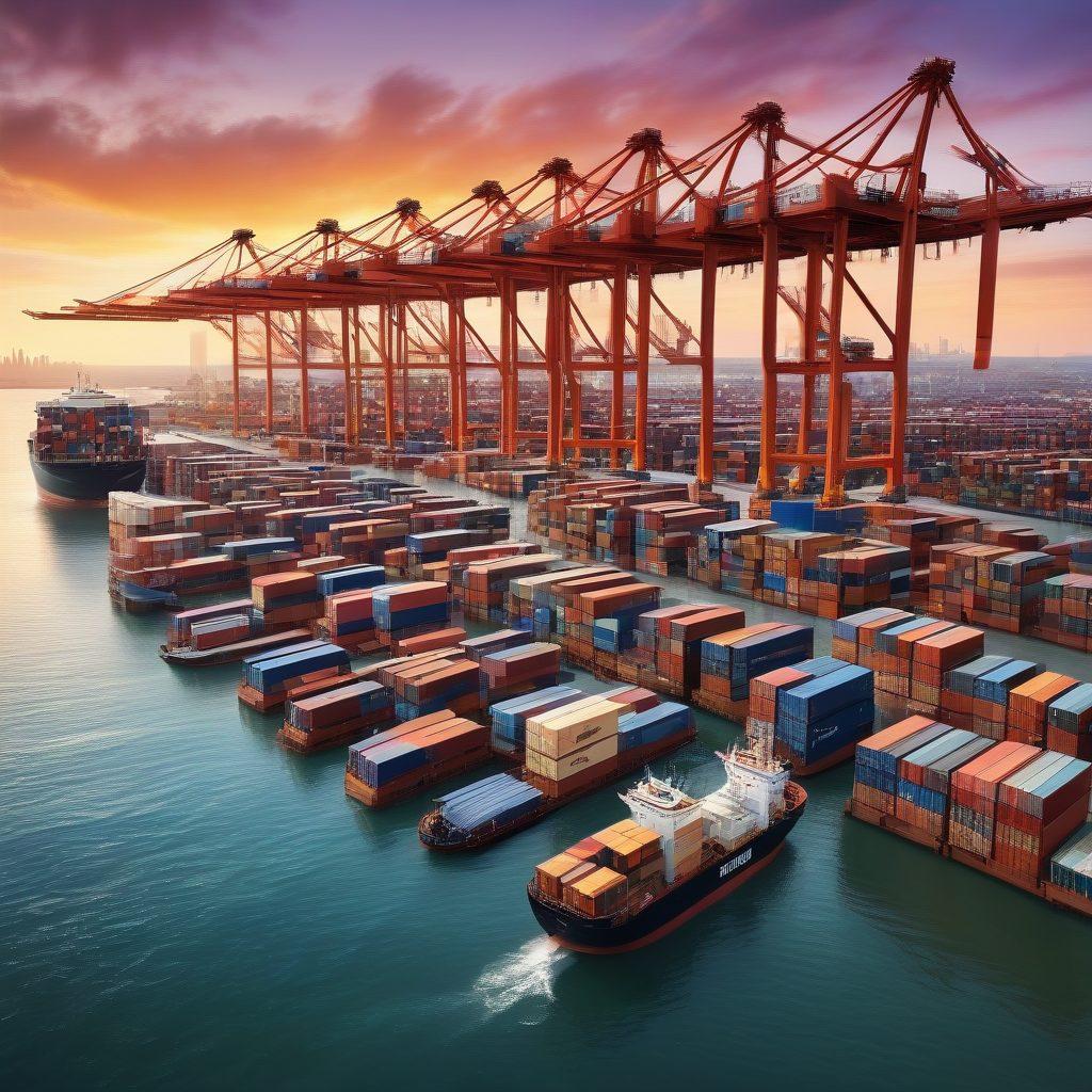 An imaginative scene showcasing a bustling port with cargo ships unloading goods, surrounded by futuristic marine transports and drones delivering packages over the coast. Waves gently splash against the shore while vibrant shipping containers are stacked neatly. In the background, a sleek city skyline symbolizes the future of logistics. The sky is a mix of sunset colors, reflecting innovation and progress. super-realistic. vibrant colors. 3D.