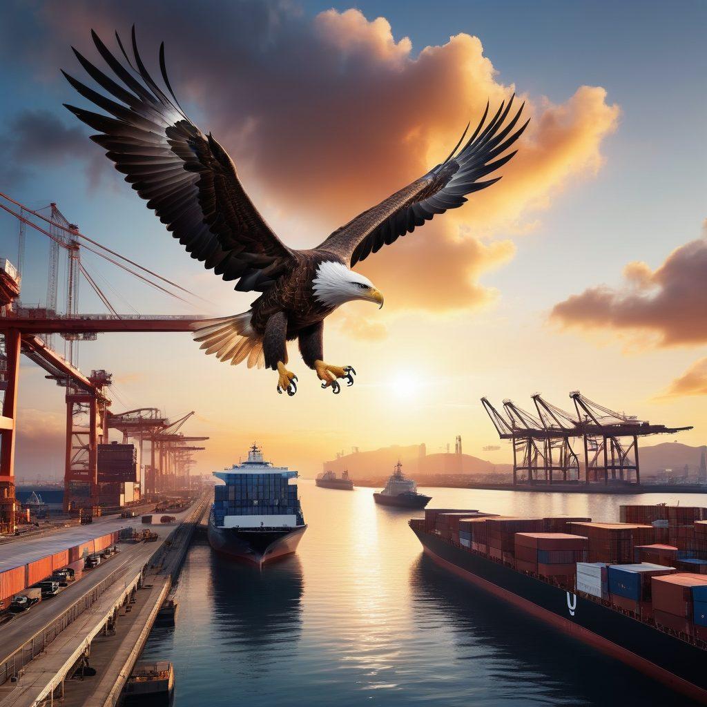 A majestic eagle soaring over a futuristic shipping port, with automated cranes and cargo ships in the background, symbolizing the evolution of global logistics. The sky is bright and expansive, evoking a sense of freedom and opportunity, while small digital holograms of shipping routes hover near the eagle. The contrast of the eagle and the modern elements of shipping creates a stunning visual narrative. super-realistic. vibrant colors. white background.